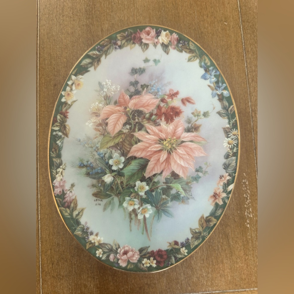 Lena Liu’s Floral Cameo Porcelain Plate, “Joyful” 8 5/8” long. Rare Vintage.